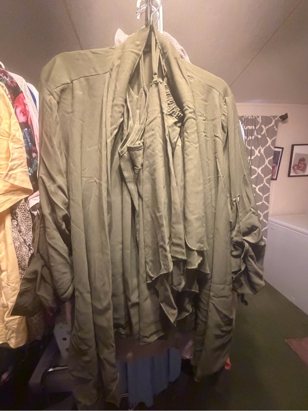 Relaxed Olive Green Draped Women's cardigan with pants and blouse to match